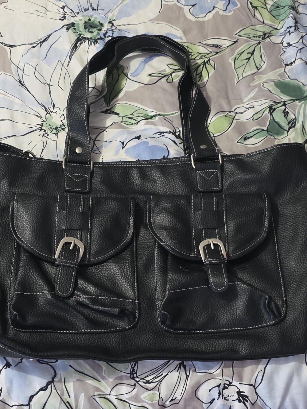 Classic Black Women's Tote Bag with Front Buckle Pockets